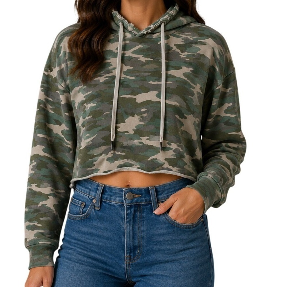 NSF Green Camouflage Distressed Cropped Hoodie Women's Small